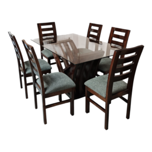 Juego de comedor de 6 sillas Modelo Prisma Cubierta de vidrio, patas y sillas de madera solida