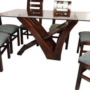 Juego de comedor de 6 sillas Modelo Prisma Cubierta de vidrio, patas y sillas de madera solida
